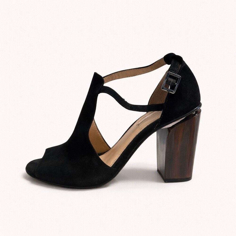 Antonio Melani Womens 8M Black Suede Peep Toe T Strap Block Heel Sandals